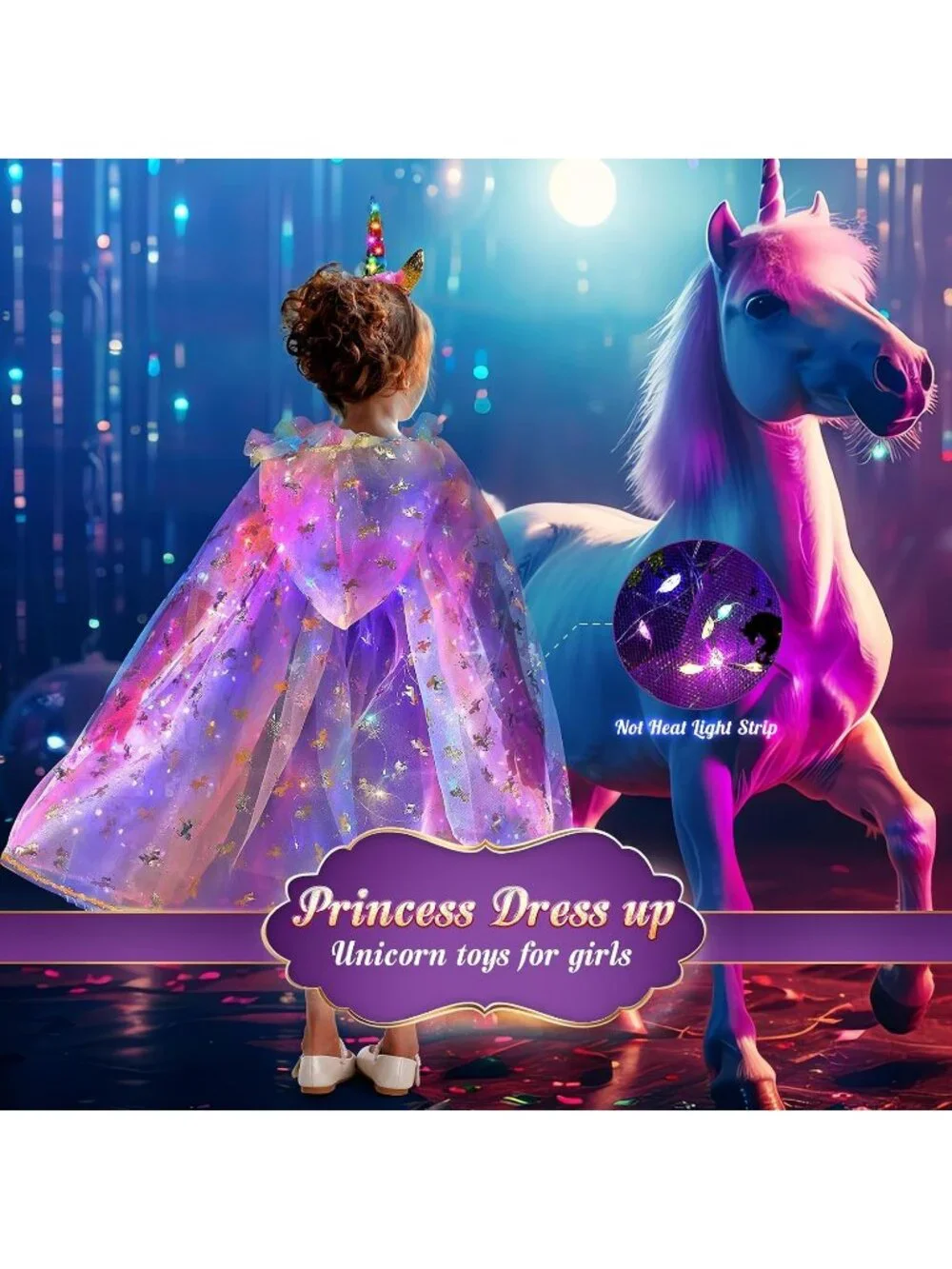 Purple Unicorn Princess Dress Up Set Light Up Cape Costume Girls Ages 3-8